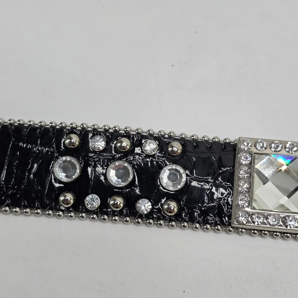 Black Leather Belt Rhinestone Crystal Western Bling Studded Large Y2K Rodeo Glam